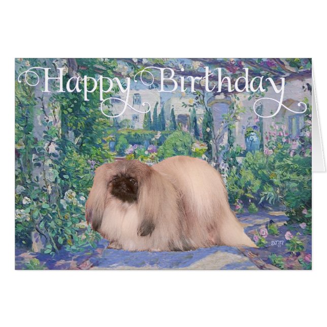 Pekingeser i en blomsterträdgård hälsningskort (Framsidan Horizontal)
