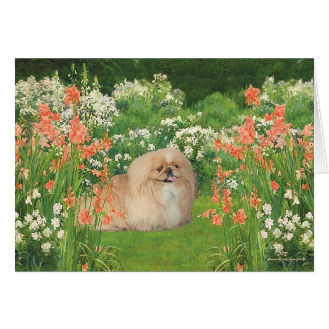 Pekingeser i trädgården hälsningskort (Framsidan Horizontal)