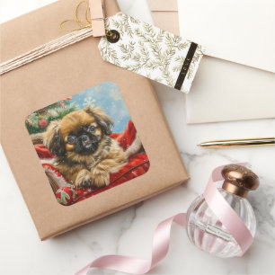 Pekingeser Jul Festivitet Fyrkantigt Klistermärke