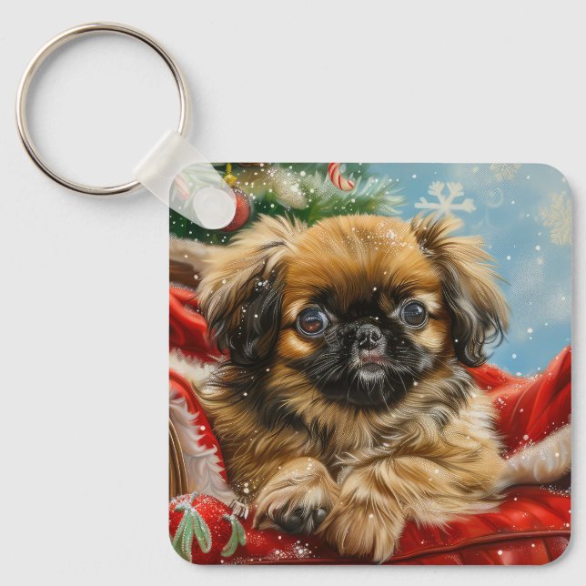Pekingeser Jul Festivitet Nyckelring (Framsida)