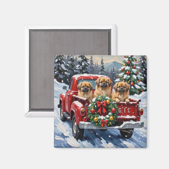Pekingeser jul röd lastbil semester magnet (Front/Back)
