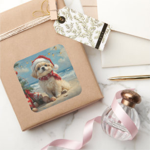 Pekingeser Jul Strand Vintage Fyrkantigt Klistermärke
