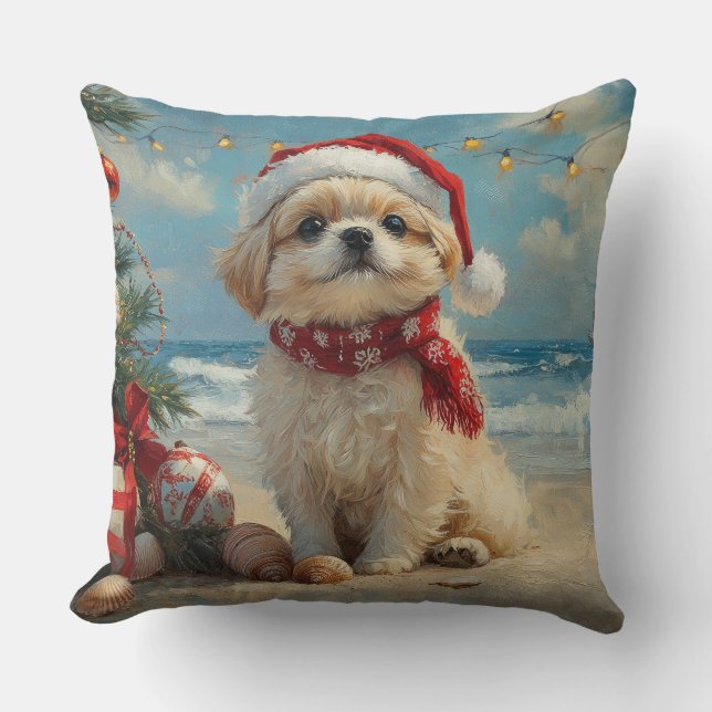 Pekingeser Jul Strand Vintage Kudde (Framsida)