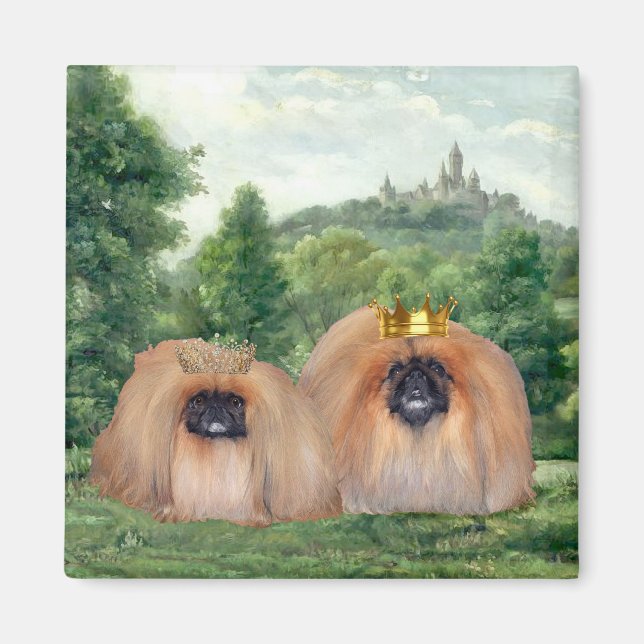 Pekingeser Kung & Drottning med Dröm Slott Magnet (Framsidan)