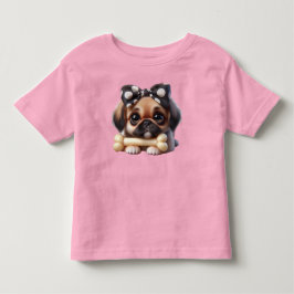 Pekingeser med en prickig rosett och ett ben t shirt