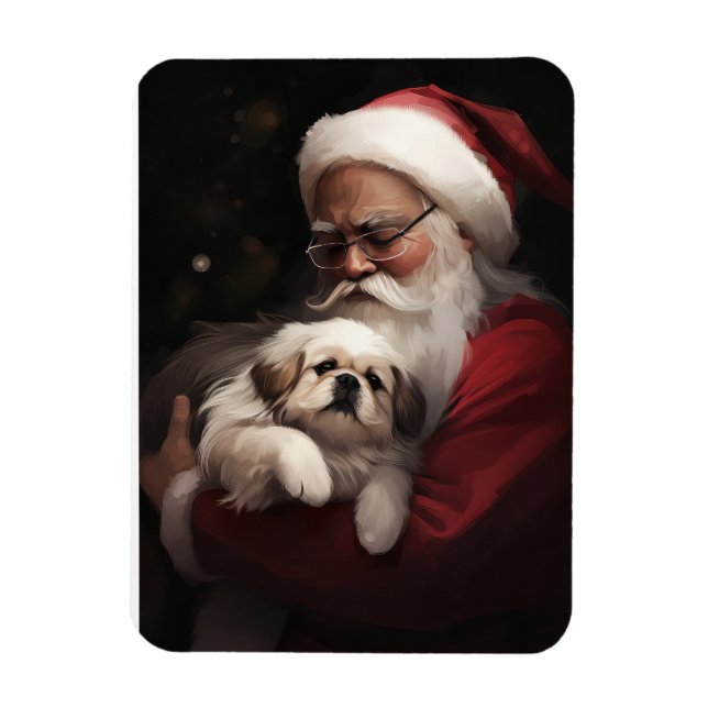 Pekingeser med Tomte Glädjande Jul Magnet (Vertikal)