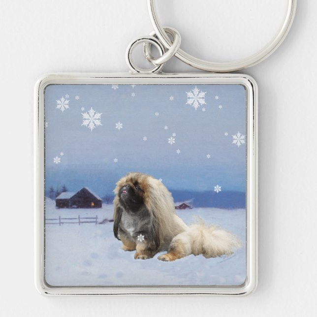 Pekingeser på vintern fyrkantig silverfärgad nyckelring (Framsidan)