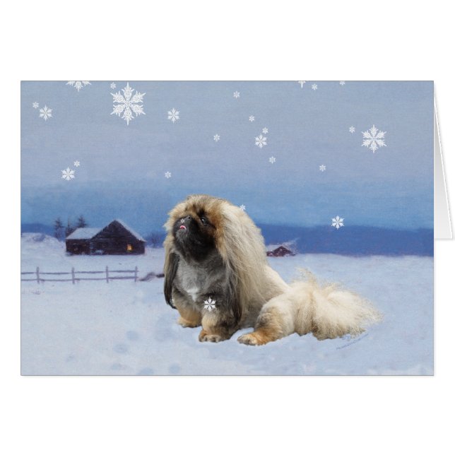 Pekingeser på vintern hälsningskort (Framsidan Horizontal)