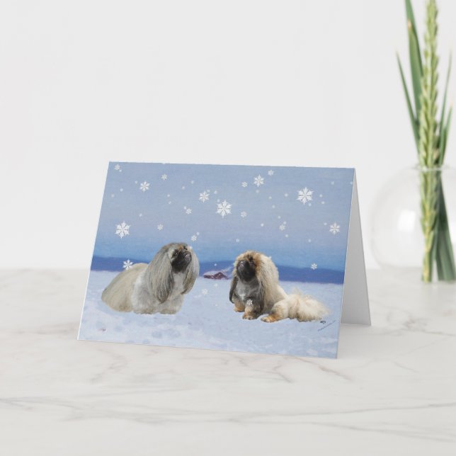 Pekingeser på vintern helgkort (Framsida)