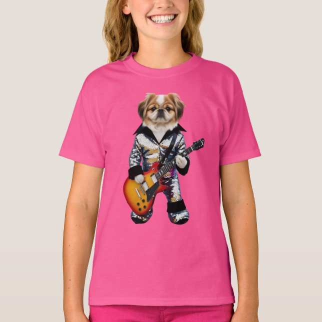 Pekingeser Rockstjärna Barn T-Shirt (Framsida)