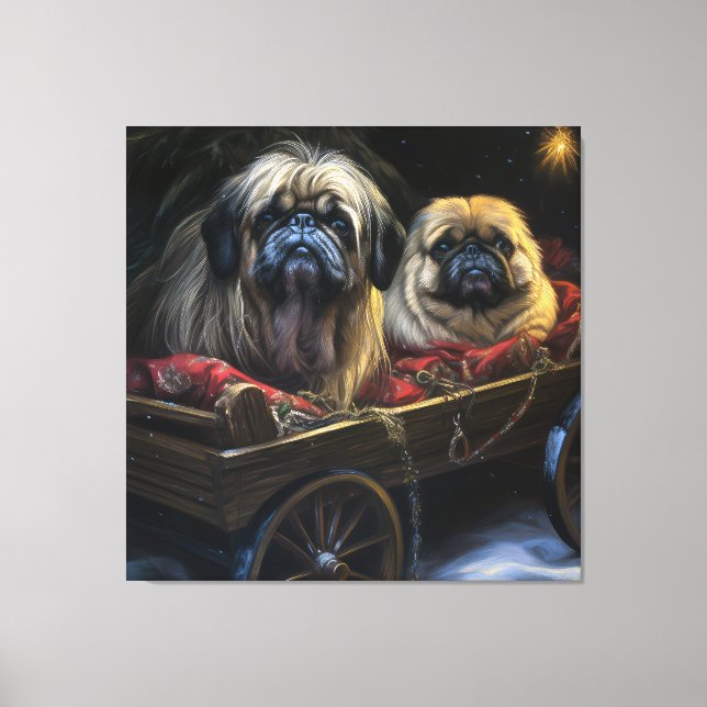 Pekingeser Snöig släde juldekoration  Canvastryck (Framsida)