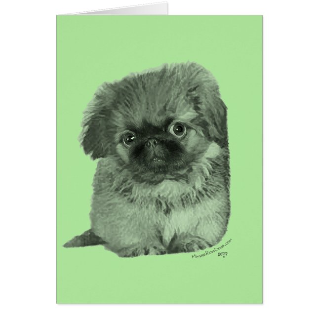 Pekingeser Valp Grön Hälsningskort (Framsidan)