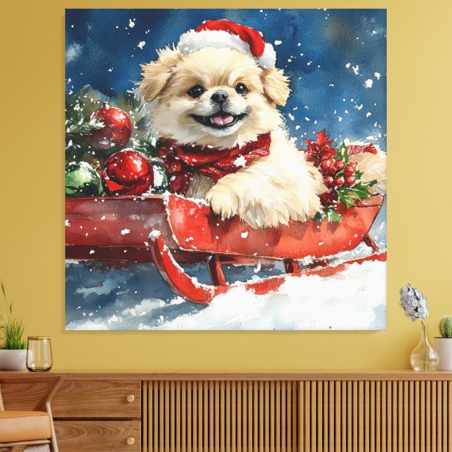 Pekingeserhund i släde Låt det snöa jul Canvastryck (Insitu (Vardagsrum))