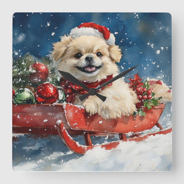 Pekingeserhund i släde Låt det snöa jul Fyrkantig Klocka (Framsida)