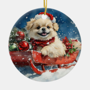 Pekingeserhund i släde Låt det snöa jul Julgransprydnad Keramik