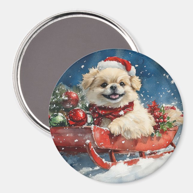 Pekingeserhund i släde Låt det snöa jul Magnet (Front/Back)