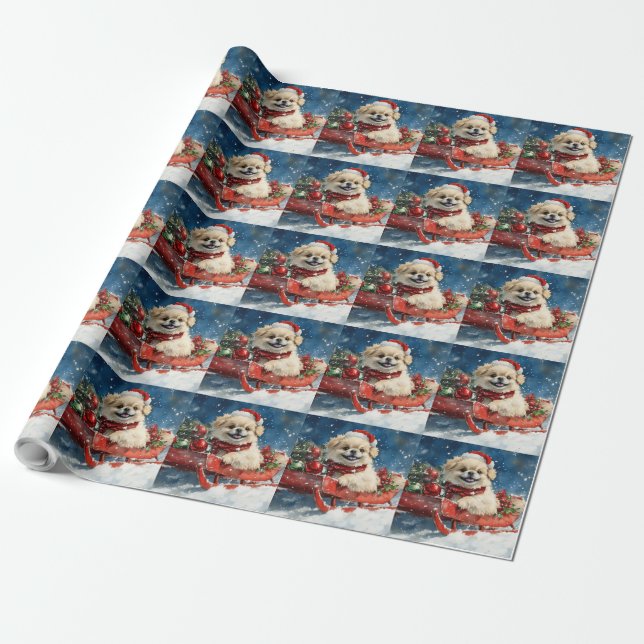 Pekingeserhund i släde Låt det snöa jul Presentpapper (Utrullad)