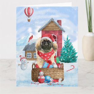 Pekingeserhund i snö Jul Hund Hus Kort