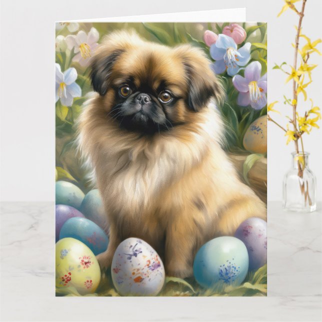 Pekingeserhund med påskägg Semester  Kort (Gul blomma)