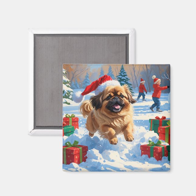 Pekingeserhund springer i snö med julhatt magnet (Front/Back)