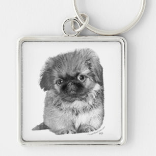 Pekingeservalp Fyrkantig Silverfärgad Nyckelring