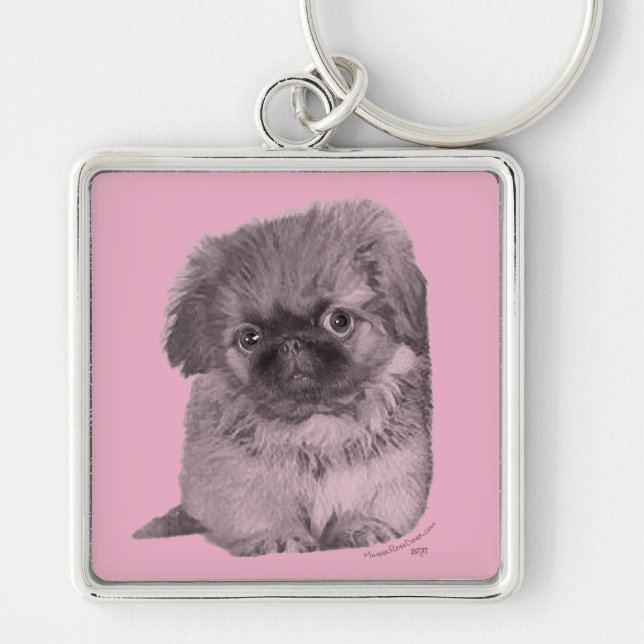 Pekingeservalp på rosa fyrkantig silverfärgad nyckelring (Framsidan)