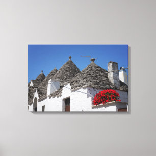 Pelargonblommor och trullihus i Alberobello Canvastryck