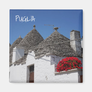 Pelargonblommor och trullihus i Alberobello Magnet