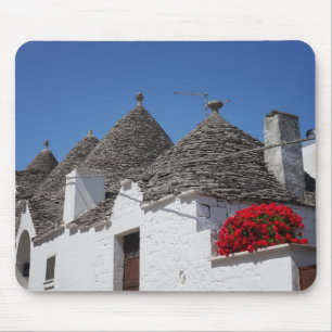 Pelargonblommor och trullihus i Alberobello Musmatta