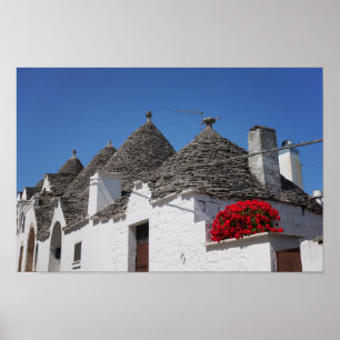 Pelargonblommor och trullihus i Alberobello Poster