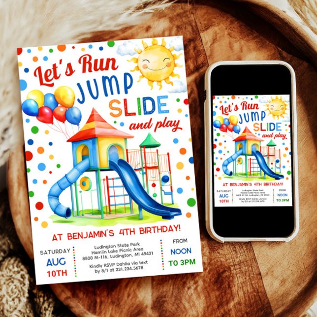 Pelbottenfödelsedag - Springa-jumpspel Inbjudningar (Celebrate with our digital Park Slide invitation—perfect for a boy's outdoor playground birthday.)