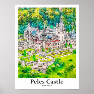 Peles Castle Rumänien Travel Watercolor Hand plock Poster
