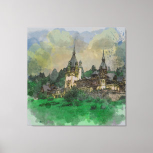 Peles Castle Rumänien Watercolor Canvastryck
