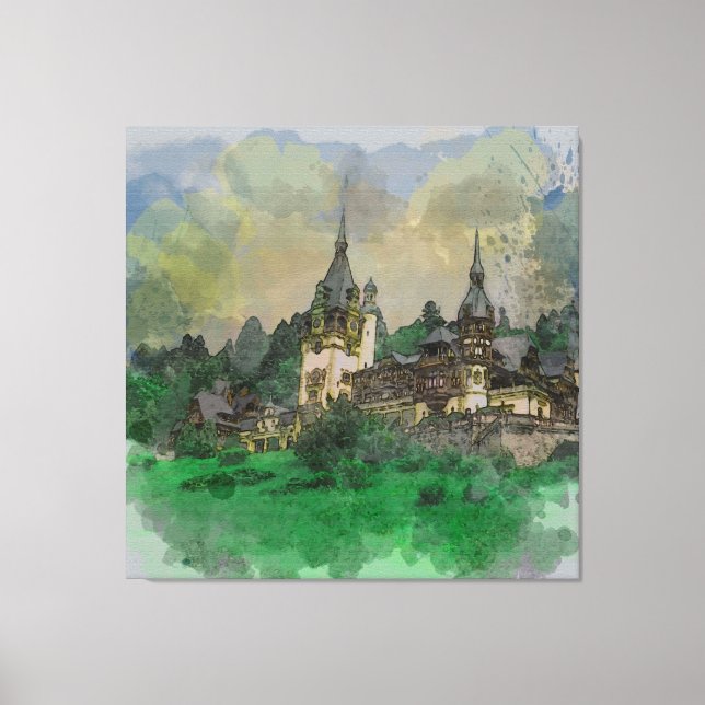 Peles Castle Rumänien Watercolor Canvastryck (Framsida)