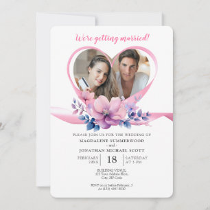 Peles foto Heart Ribbon Ram & Rosa Flowers Inbjudningar
