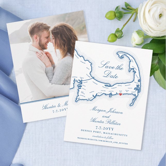 Pelham House Dennis Port Cape Cod Blue Bröllop Spara Datumet (Pelham House Resort Dennis Port MA Wedding Save the Date with Cape Cod Map in elegant navy blue)