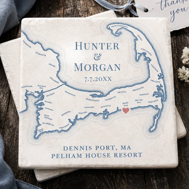 Pelham House Resort Bröllopsgåva Cape Cod Karta Stenunderlägg (Pelham House Resort Wedding Favor Cape Cod Map Stone Coaster Gift by Coastal Map Designs)