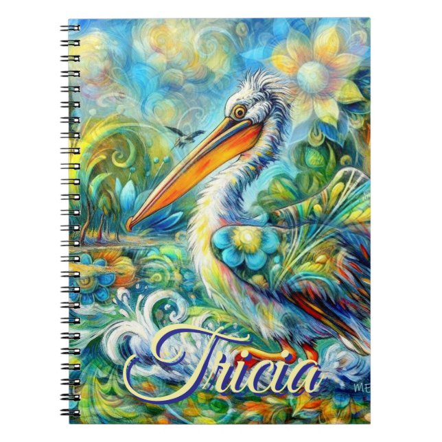 Pelican Bird in Wonderland Blommigt Personlig  Anteckningsbok (Framsidan)