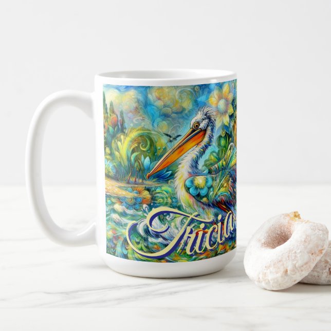 Pelican Bird in Wonderland Blommigt Personlig  Kaffemugg (Med munk)