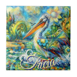 Pelican Bird in Wonderland Blommigt Personlig  Kakelplatta