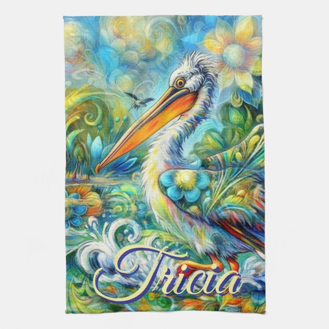 Pelican Bird in Wonderland Blommigt Personlig  Kökshandduk (Vertikal)