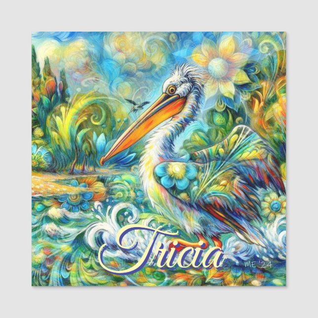 Pelican Bird in Wonderland Blommigt Personlig  Namnbricka (Framsida)