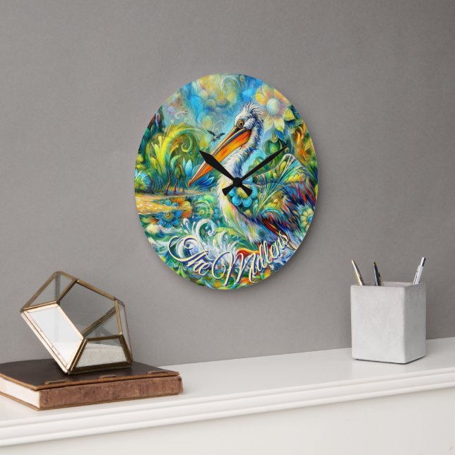 Pelican Bird in Wonderland Blommigt Personlig  Stor Klocka (Kontor)