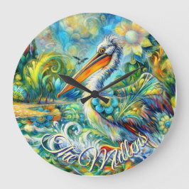 Pelican Bird in Wonderland Blommigt Personlig  Stor Klocka