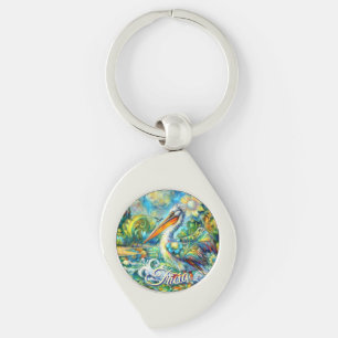 Pelican Bird in Wonderland Blommigt Personlig Swirl Silverfärgad Nyckelring