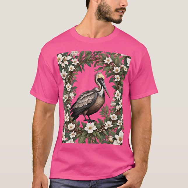 Pelican Bird Surrounded By Magnolia Flowers Oversi T Shirt (Framsida)