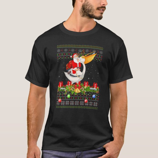 Pelican Bird  Ugly Santa Riding Pelican Christmas T Shirt (Framsida)