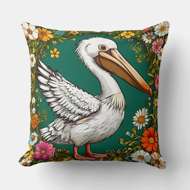Pelican Fågel Blommig Kustlig Blommande Natur Deko Kudde (Framsida)