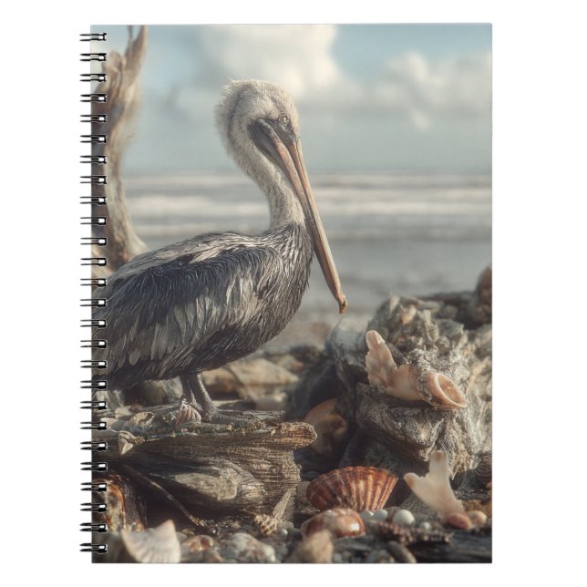 Pelican med Seashell Shore Notebook Anteckningsbok (Framsidan)