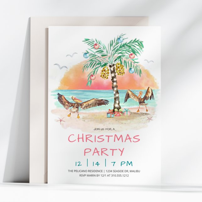 Pelican och Handflatan Träd Beach-julen Party Inbjudningar (Skapare uppladdad)